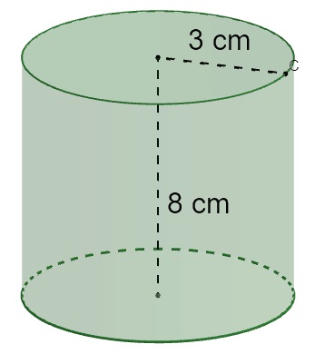 Cilindro de altura medindo 8 cm e raio medindo 3 cm.