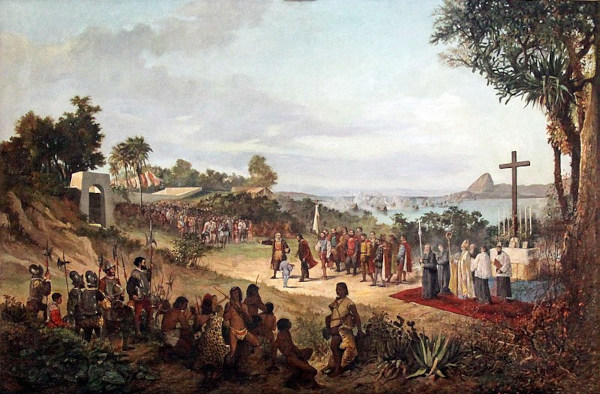 Pintura representando a fundação da cidade do Rio de Janeiro durante a colonização do Brasil.