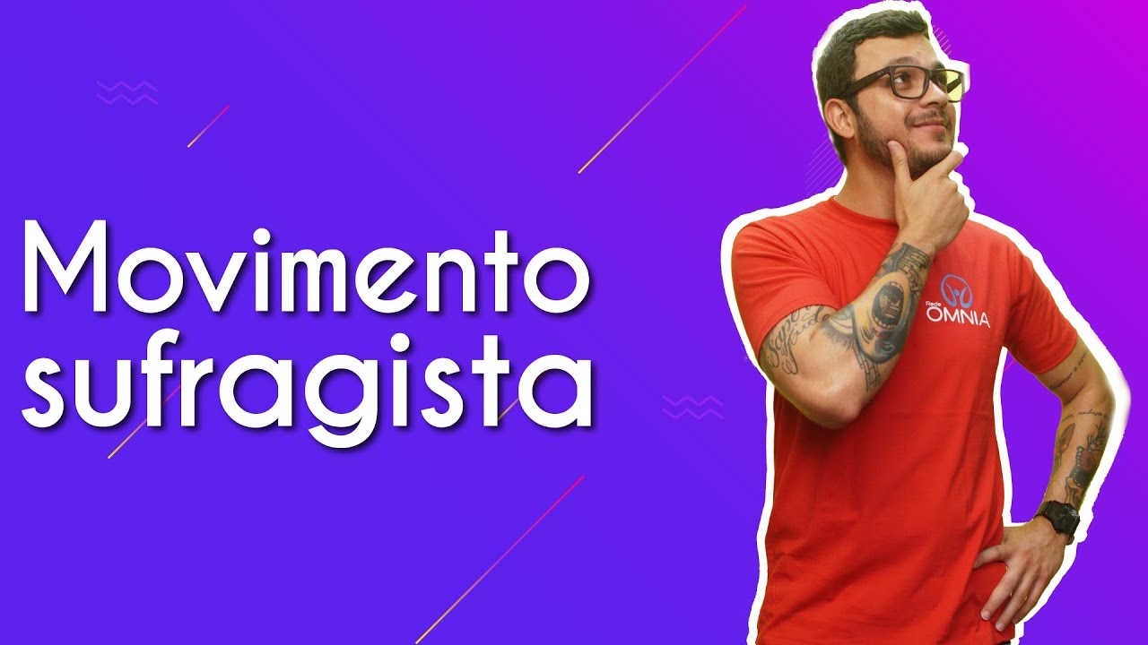 "Movimento Sufragista" escrito sobre fundo roxo ao lado da imagem do professor