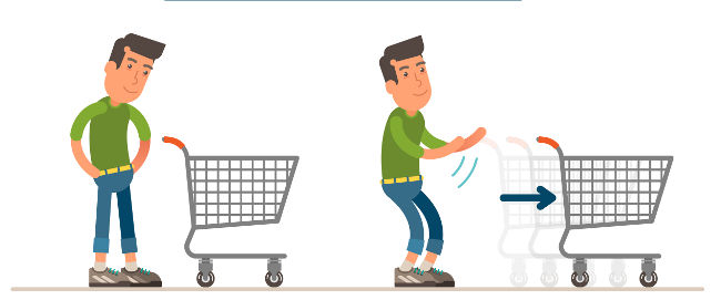 Ilustração de um homem empurrando um carrinho para representar a Primeira Lei de Newton
